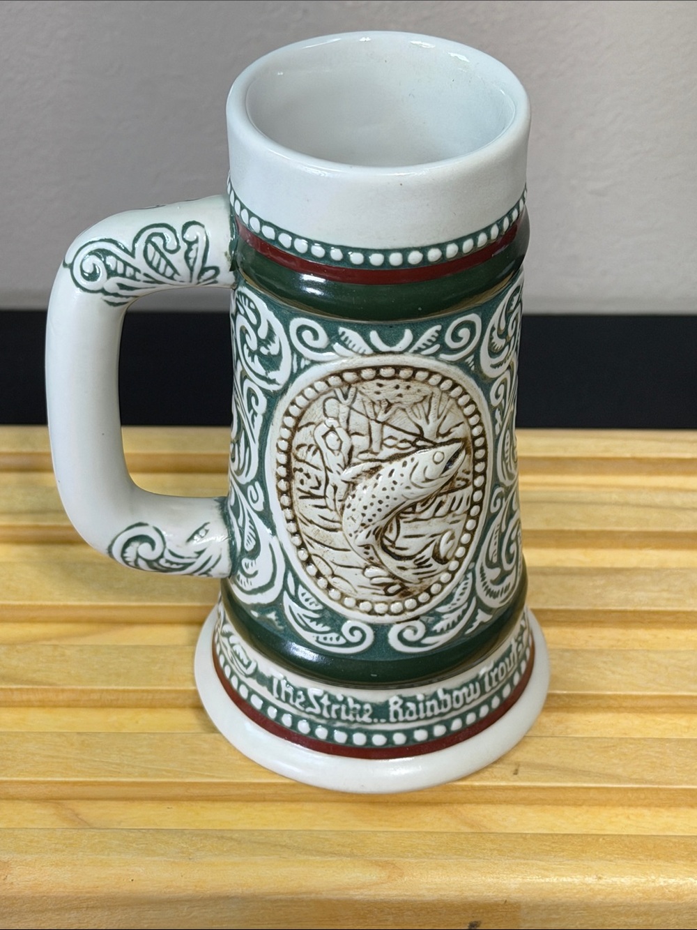 Avon Vintage Green and White Ceramic Beer Stein - Fish Motif